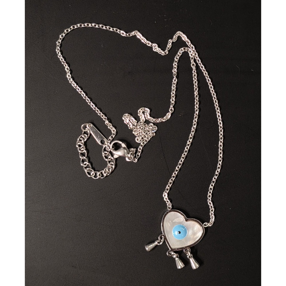Evil Eye Heart Mother of Pearl Stainless Steel Necklace Size 16" & 2" Extender